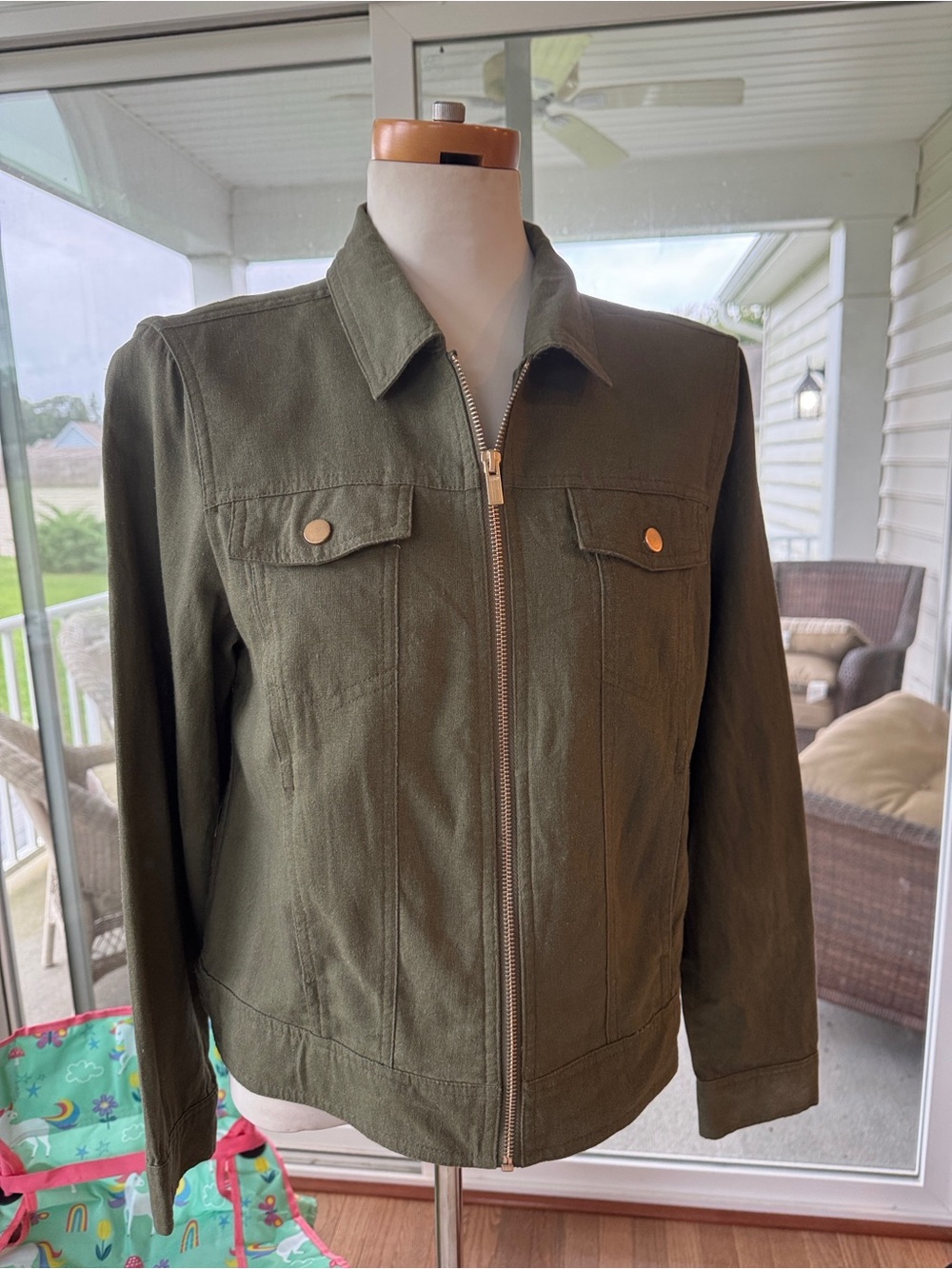 Rachel Zoe Olive Green Linen Blend zip up Utility Jacket size medium New